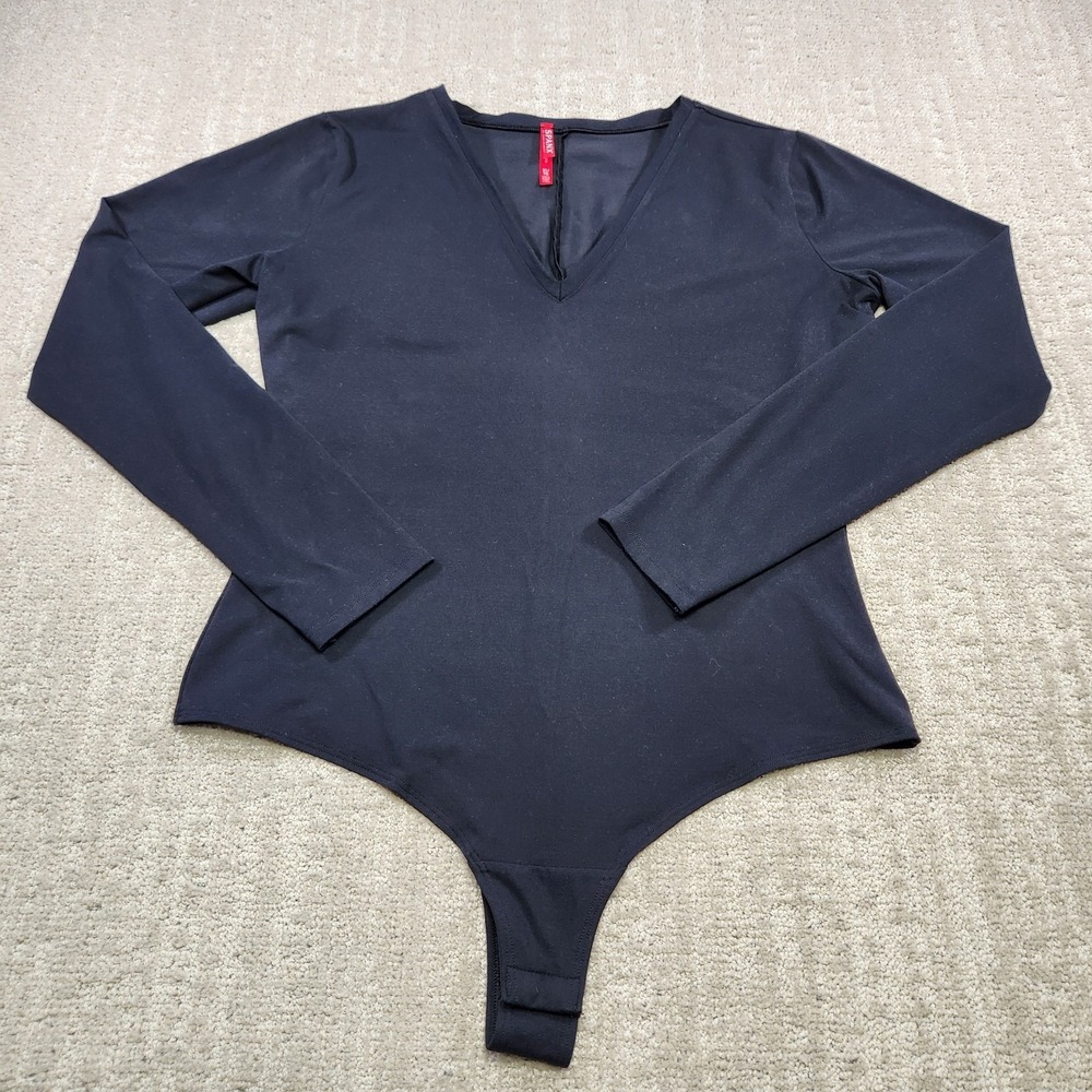 Spanx Body Suit Womens XL Suit Yourself Long Sleeve‎ V Neck Black Stretch